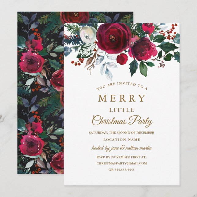 Convites Festa de Natal Floral Burgundy Moderna (Frente/Verso)