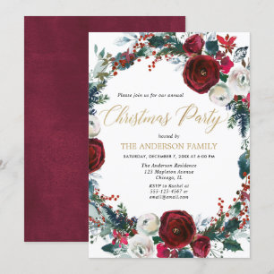 Convites Festa de Natal floral de ouro burgundy Elegante