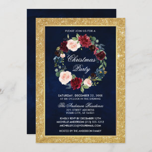 Convites Festa de Natal Floral Dourada com Aquarela