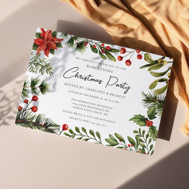 Convites Festa de Natal Floral Red Berries Greenery (Poinsettia Mistletoe Christmas Party Invitation)