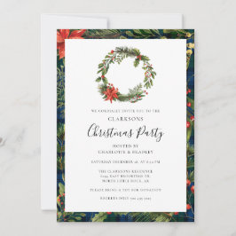 Convites Festa de Natal Floral Wreath Xadrez Tartan