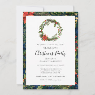 Convites Festa de Natal Floral Wreath Xadrez Tartan