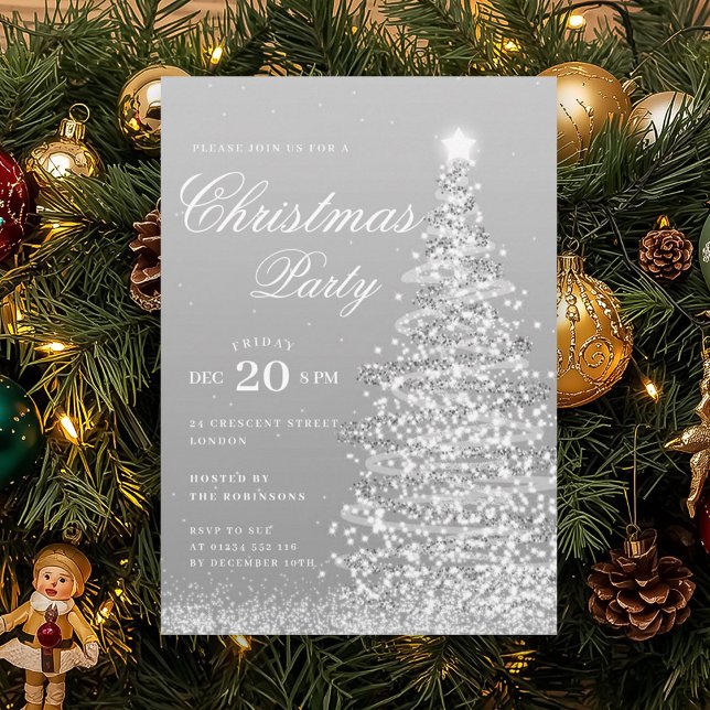 Convites Festa de Natal Formal de Prata de Inverno  (Formal Silver Winter Christmas Tree Holiday Party Invitation)