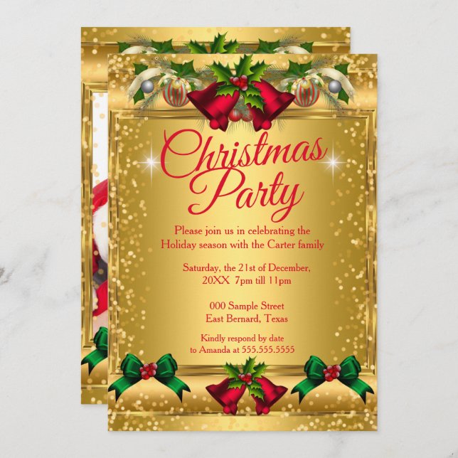 Convites Festa de Natal  Foto Dourado Vermelho (Frente/Verso)