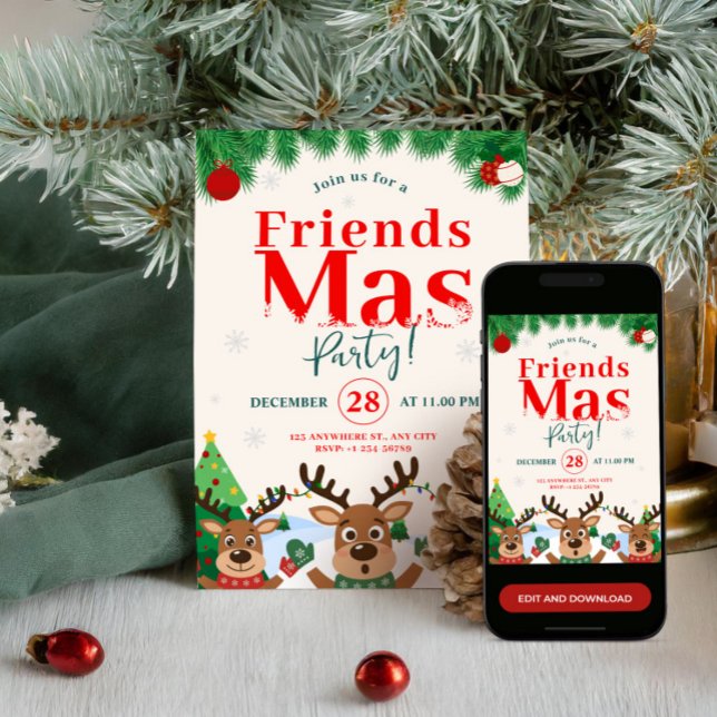 Convites Festa de Natal Friendsmas com Rena Cute (Friendsmas Christmas Holiday Party Cute Reindeer Invitation)