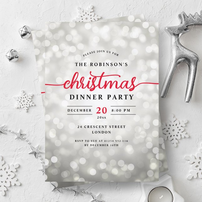 Convites Festa de Natal Glamorosa Silver Luzes de Janto (Glamorous Silver Lights Christmas Dinner Party Invitation)