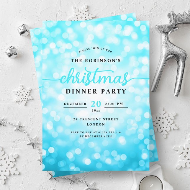 Convites Festa de Natal Glamorosa Turquoise Lights (Glamorous Turquoise Lights Christmas Dinner Party Invitation)
