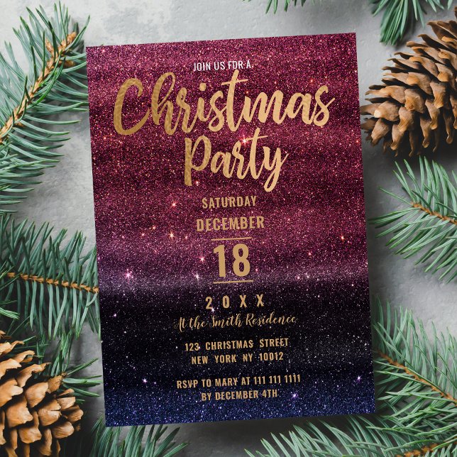 Convites Festa de Natal Glitter Gradiente Negro (Black Burgundy Gradient Glitter Christmas Party )