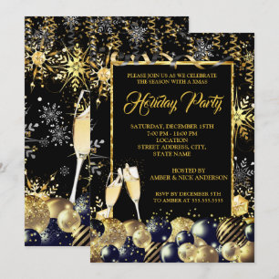 Convites Festa de Natal Gold Black Flocos de Neve