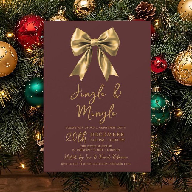 Convites Festa de Natal Gold Jingle & Mingle Arco Borgonha  (Gold Jingle & Mingle Christmas Party Bow Burgundy Invitation)