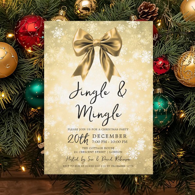 Convites Festa de Natal Gold Jingle & Mingle Arco & Neve (Gold Jingle & Mingle Christmas Party Bow & Snow Invitation)