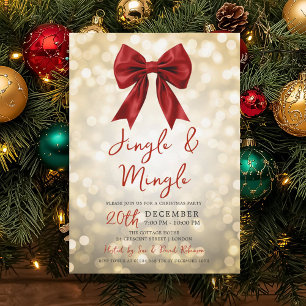 Convites Festa de Natal Gold Jingle Mingle com Luzes e Laço