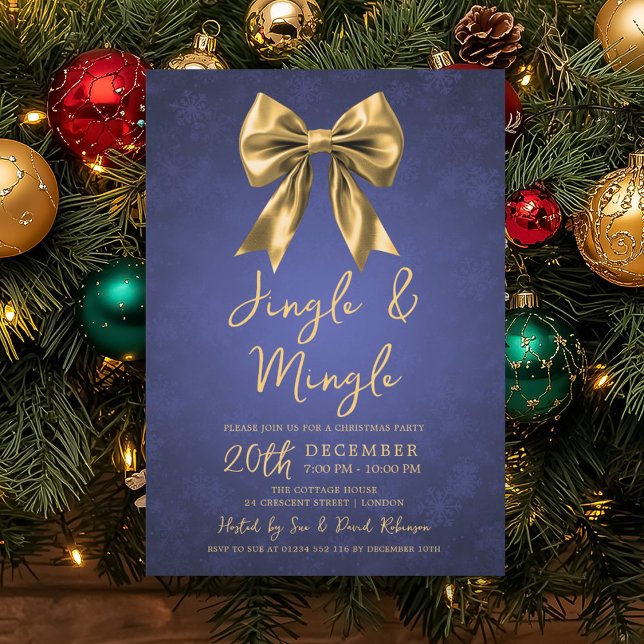 Convites Festa de Natal Gold Navy Jingle Mingle Arco de Nev (Gold Navy Jingle Mingle Christmas Party Bow Snow Invitation)