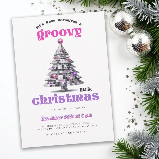 Convites Festa de Natal Groovy Little Disco Ball (christmas party invitation corporate business disco tree groovy 70s hot pink black elegant fun)