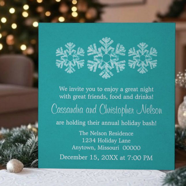 Convites Festa de Natal Holiday Snowflakes, Teal (Teal Holiday Snowflakes Christmas Party Invitation)