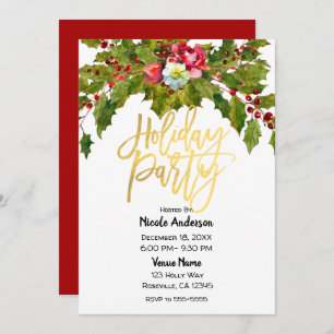 Convites Festa de Natal Holly Floral do Dourado Script