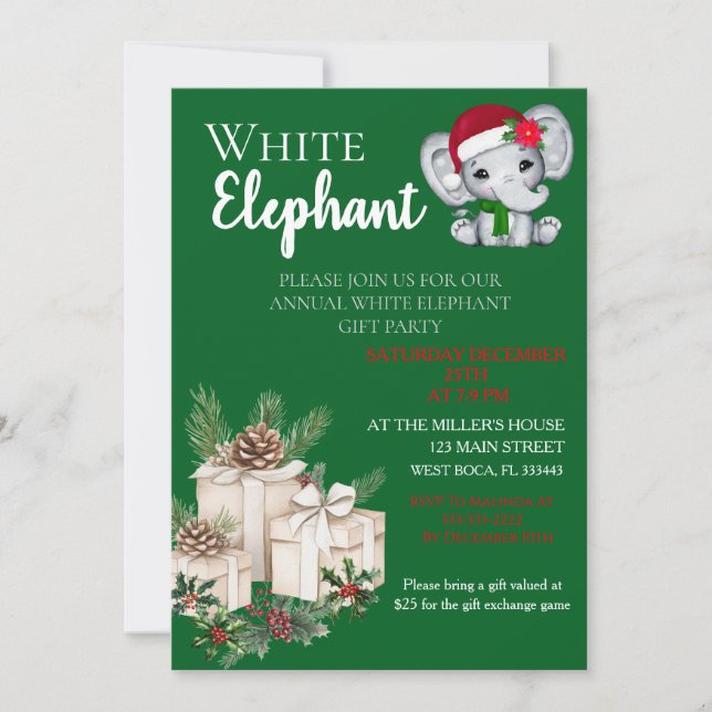 Convites Festa de Natal infantil Elefante Branco Moderno  (Frente)