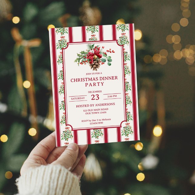 Convites Festa de Natal janta faixas de retrorreflectores v (Christmas dinner party red retro stripes pine winter greenery bow invitation cards template)