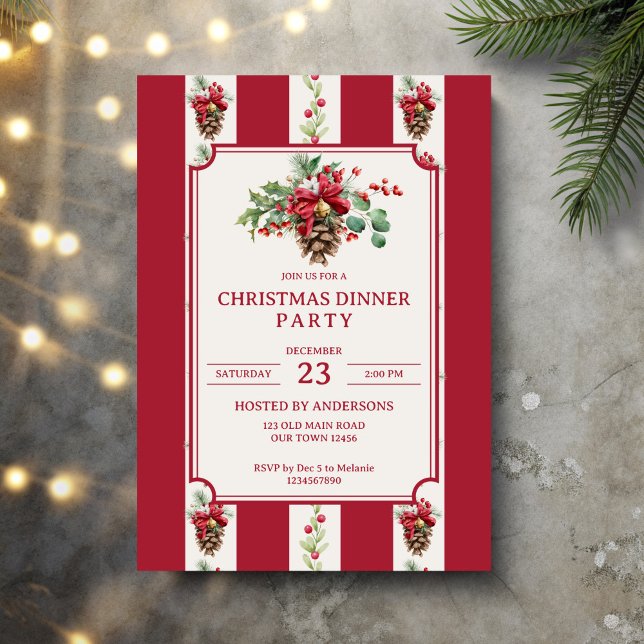 Convites Festa de Natal janta faixas de retrorreflectores v (Christmas dinner party red retro stripes pine cone bow winter greenery elegant party invitation card)