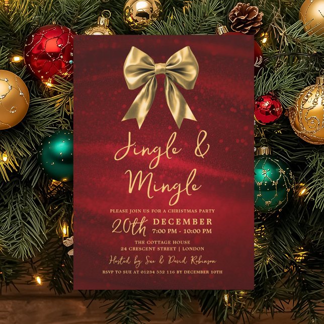 Convites Festa de Natal Jingle Mingle Dourado Arco Prata Ve (Jingle Mingle Christmas Party Gold Bow Silver Red Invitation)