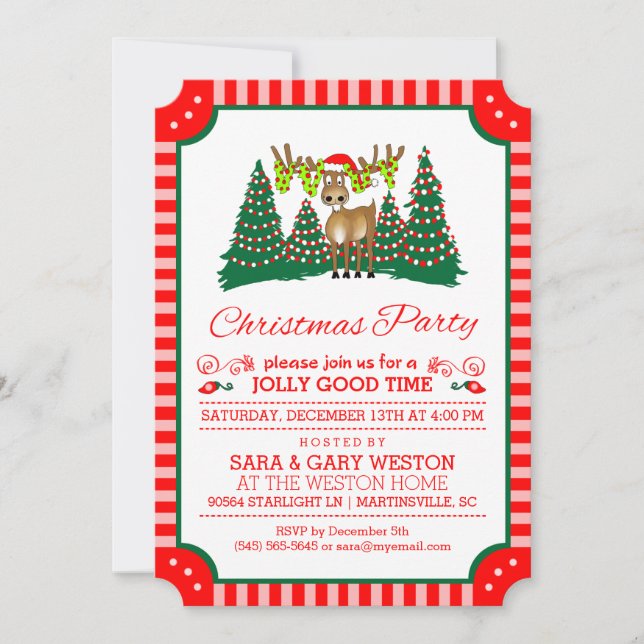 Convites Festa de Natal Jolly Good Time Reindeer Red White (Frente)