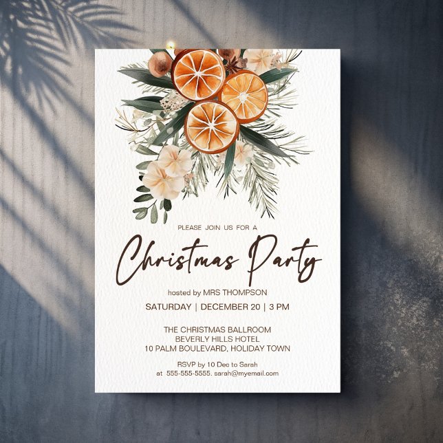 Convites Festa de Natal laranjas secas rústicas botânicas (Christmas Party rustic [ones dry oranges botanical Invitation template instant download)
