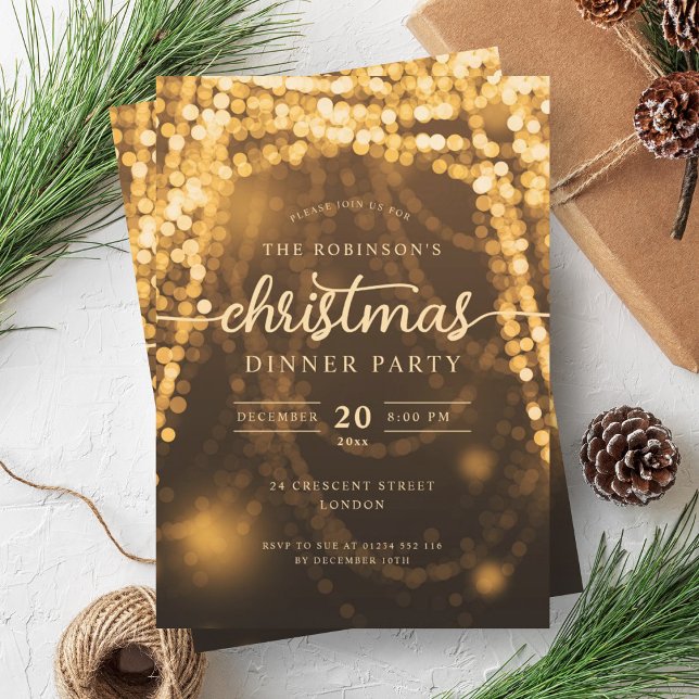 Convites Festa de Natal Luxuosa e Dourada das Luzes de inve (Luxurious Gold Winter Lights Christmas Party Invitation)