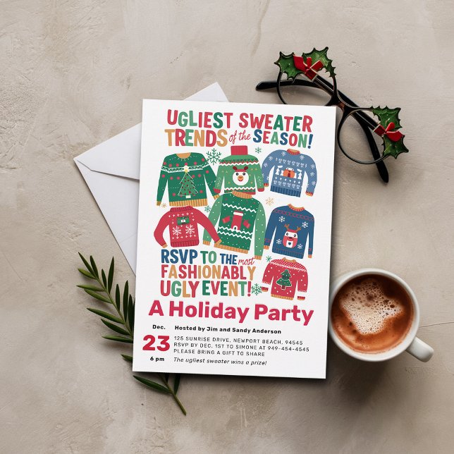 Convites Festa de Natal Máxima Moderna e Suplente (christmas party invitation ugly sweater modern maximalist happy cheerful family office)