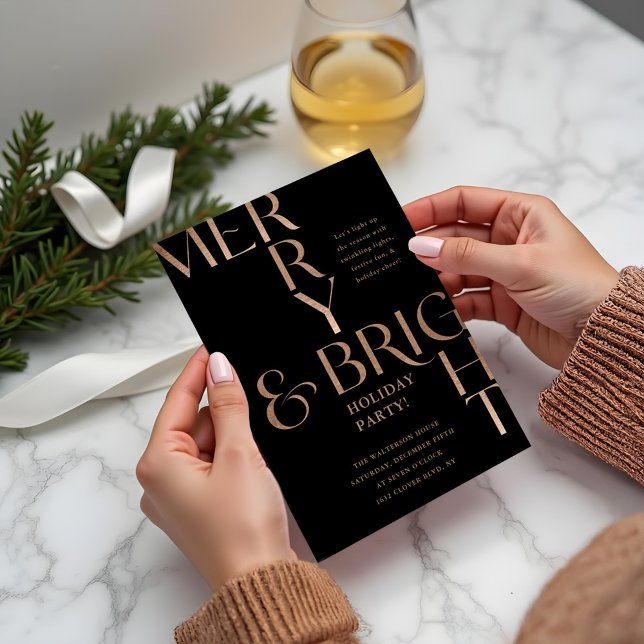 Convites Festa de Natal Mínima de Férias de feliz e Brilho (Merry & Bright Minimal Holiday Christmas Party Black Invitation)