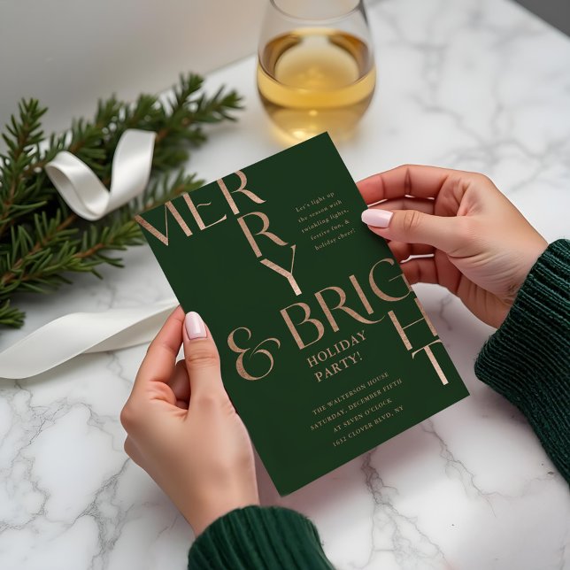 Convites Festa de Natal Mínima de Férias de feliz e Brilho (Merry & Bright Minimal Holiday Christmas Party Green Invitation)