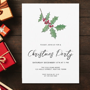 Convites Festa de Natal Modern Script Winter Holly Berries