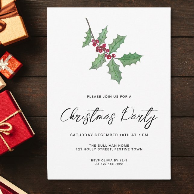 Convites Festa de Natal Modern Script Winter Holly Berries (Criador carregado)