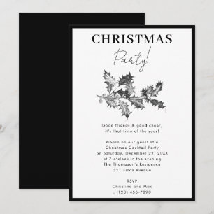 Convites Festa de Natal Moderna Black White Holly Berries