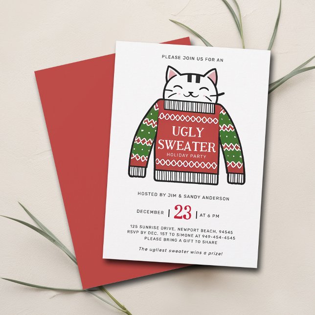 Convites Festa de Natal Moderna de Desenho de Gato Suave (christmas party invitation ugly sweater cute cat modern maximalist happy cheerful family office)