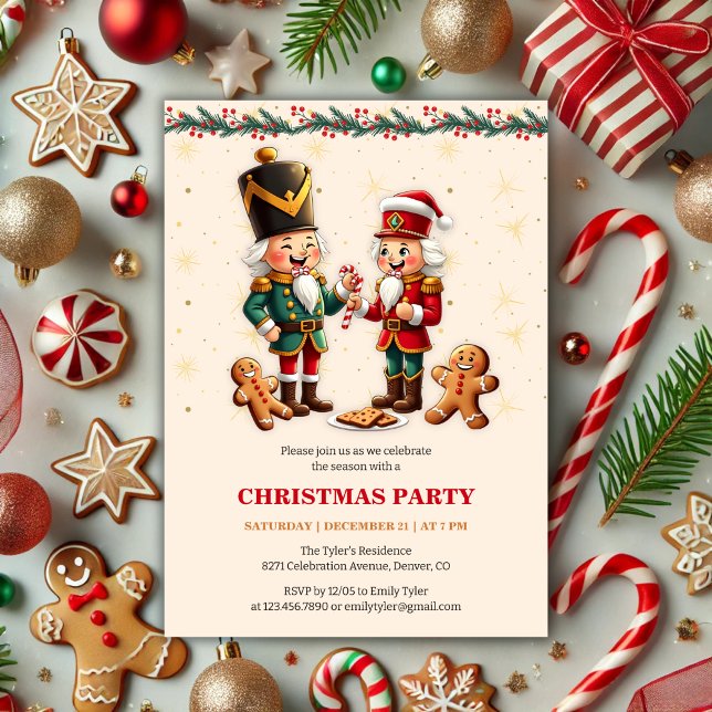 Convites Festa de Natal Moderna do Quebra-Nozes de Pão de M (Modern and Festive Gingerbread Nutcracker Christmas Party Invitation)