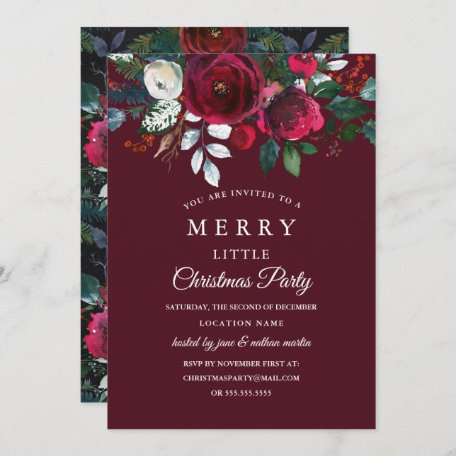 Convites Festa de Natal Moderna Floral Red Burgundy (Frente/Verso)