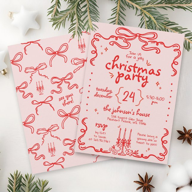 Convites Festa de Natal Moderna, Rosa e Arco Vermelho, dese (Fun unique retro red pink hand drawn scribbles coquette bow quirky funky Christmas Party invitation)