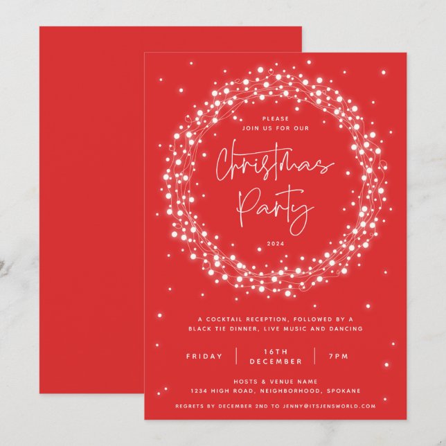 Convites Festa de Natal Moderno com Luzes Vermelhas Espelha (Frente/Verso)