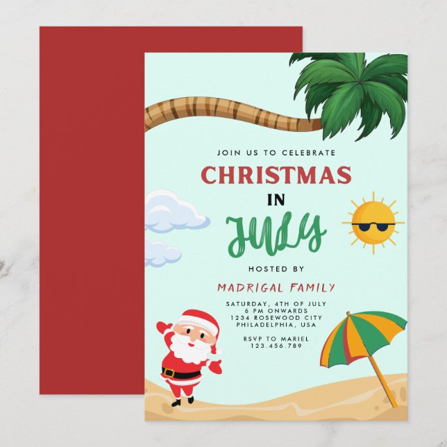 Convites Festa de Natal moderno no verão de julho (Frente/Verso)