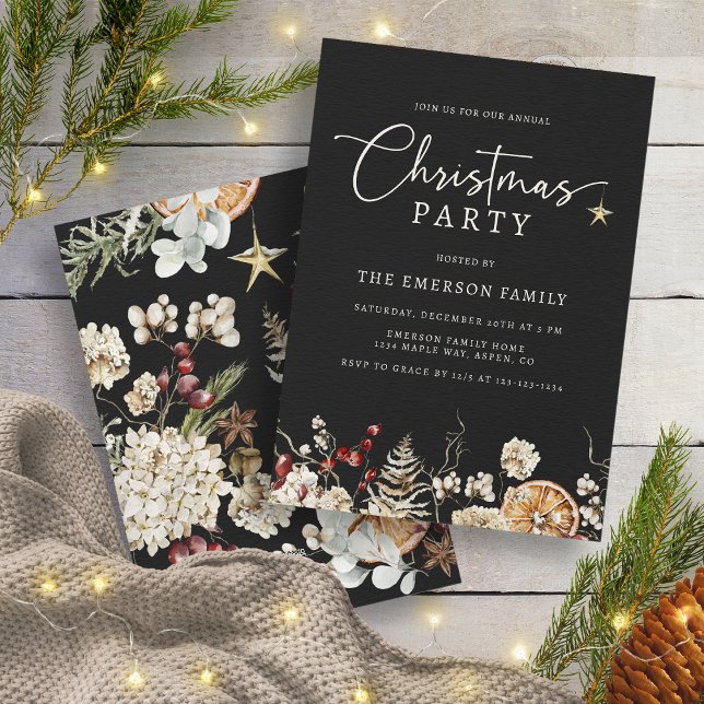 Convites Festa de Natal Negra (Black Rustic Boho Christmas Party Invitation by Painted Paperie
)
