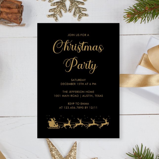 Convites Festa de Natal Negro Dourado e Elegante Personaliz (Personalized Elegant Gold Black Christmas Party Invitation)