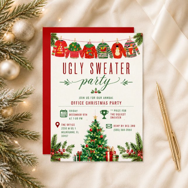Convites Festa de Natal no Escritório com Suéter Feio  (Ugly Sweater Office Holiday Christmas Party Invitation)