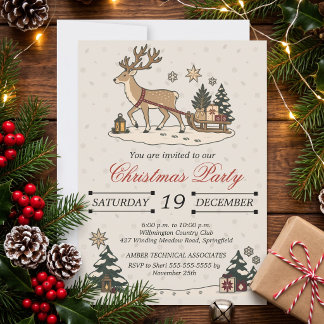 Convites Festa de Natal Nórdica Vintage com Veado e Trenó
