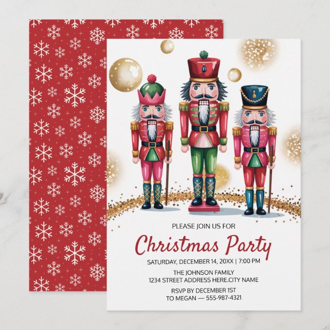 Convites Festa de Natal Nutcracker Brilho Dourado    (Frente/Verso)