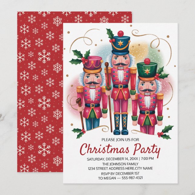 Convites Festa de Natal Nutcracker Brilho Dourado    (Frente/Verso)
