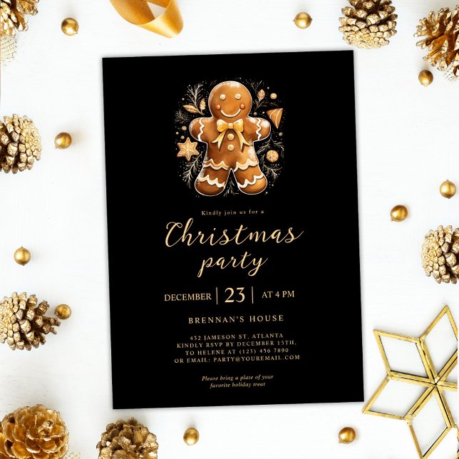 Convites Festa de Natal Pão Dourado Feriado Negro (Christmas Party Gingerbread Gold Black Holiday Invitation)