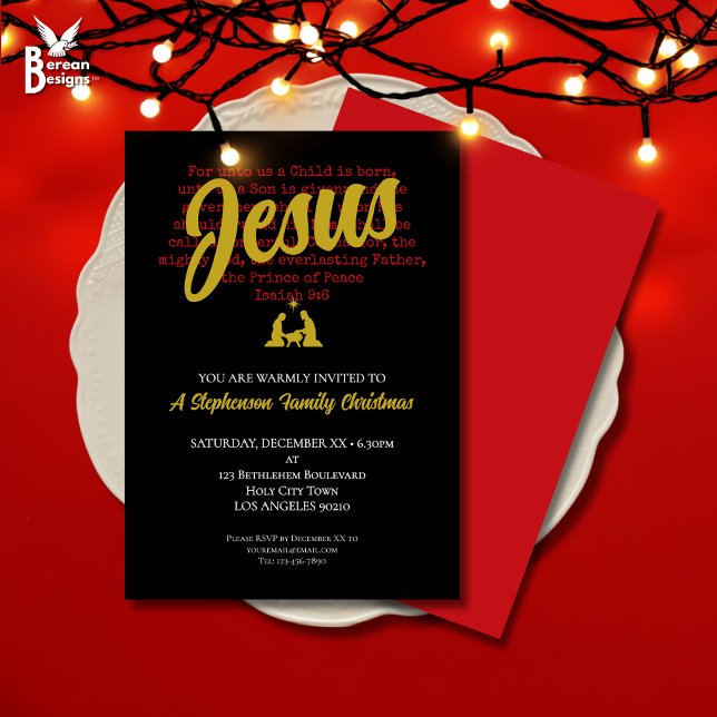 Convites Festa de Natal PARA NÓS (Stylish FOR UNTO US Christian Christmas invitation with Bible Verse and nativity in black red gold)