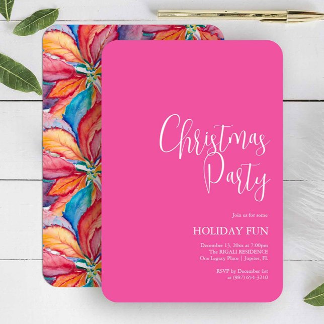 Convites Festa de Natal Personalizada Convida a Fúchsia a R (Pink Christmas party invitation features unique poinsettia watercolor art by Victoria Grigaliunas)