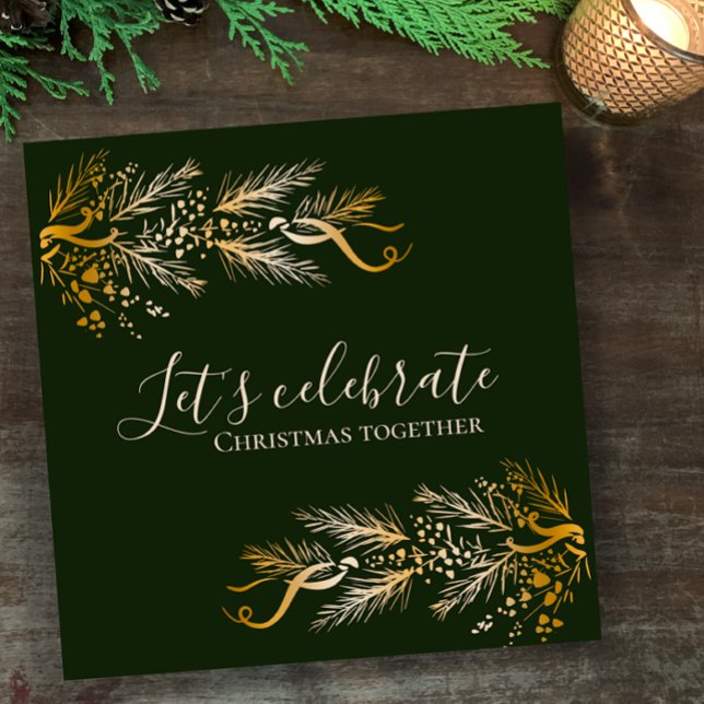 Convites Festa de Natal Personalizada e Verde Elegante (Invite your guests for a Christmas party with unique dark green elegant golden pine invitation card)