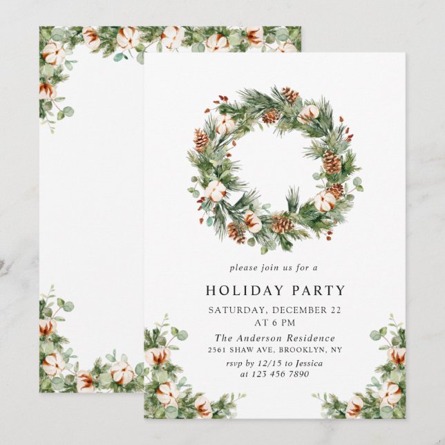 Convites Festa de Natal Pine Cones Fir Wreath (Frente/Verso)